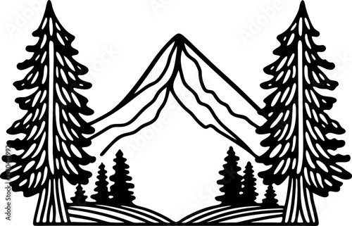 Mountain landscape outline with tall pines nature wilderness scene, forest trees and mountain peak illustration