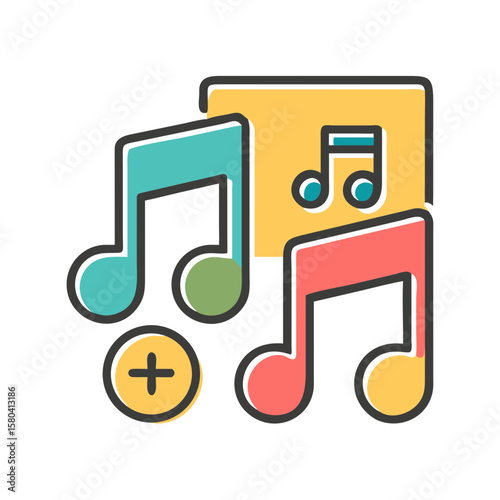 Illustration of musical notes with a plus sign and a square background