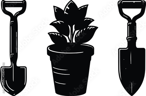 Illustration of a potted plant flanked by two garden shovels symbolizing gardening and horticulture isolated on white background