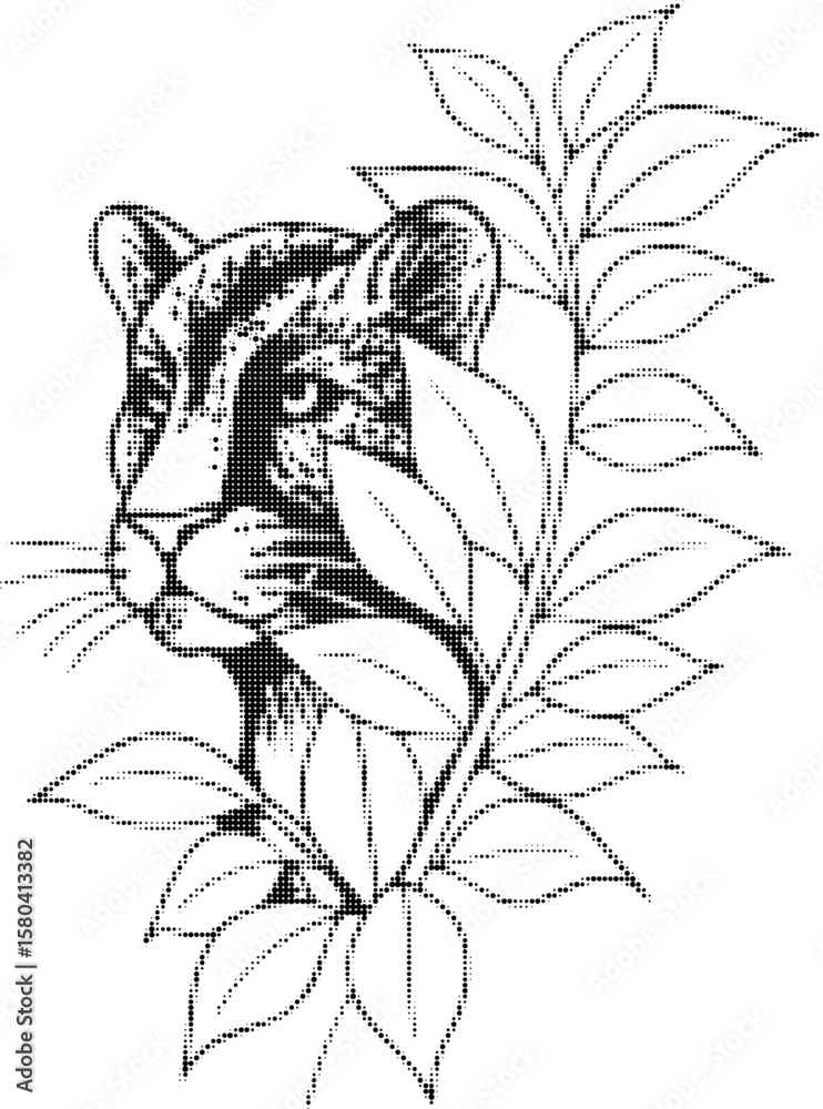 Obraz premium Leopard head in detailed black dotwork with leaves and foliage, minimalist nature design