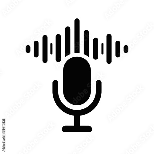 Solid Glyph Icon of a Microphone with Sound Waves for Voice or Audio Recording