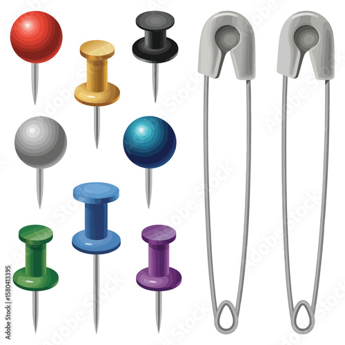 Collection of colorful push pins and safety pins on a white background
