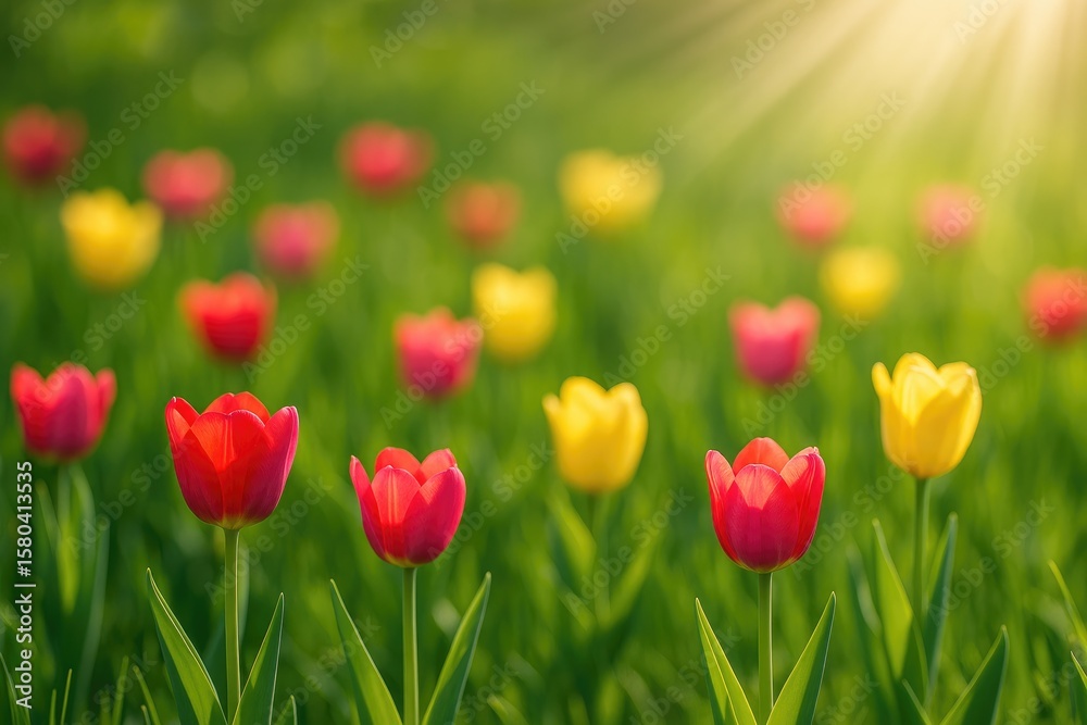 Bright spring flowers blooming in a field with sunlight and soft focus Bright spring flowers blooming in a field with sunlight and soft focus