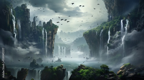 Birds soar above cascading waterfal
