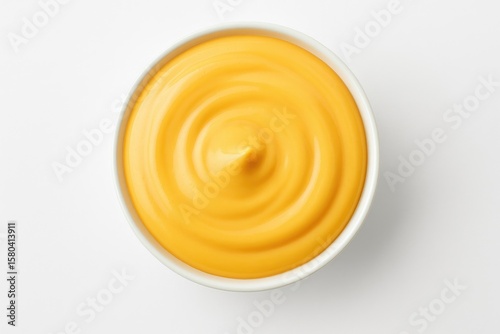 Creamy cheese dip served in a bowl on a white background, top-down perspective