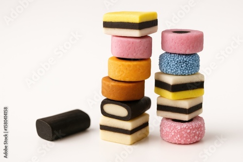 A variety of licorice candies arranged in multiple shapes, hues, and dimensions