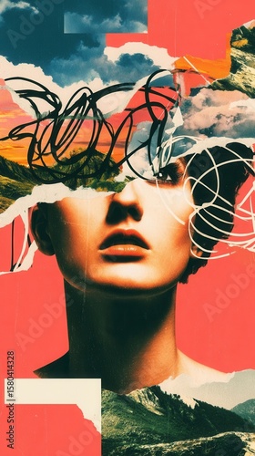 Surreal collage portrait with abstract mountain sky