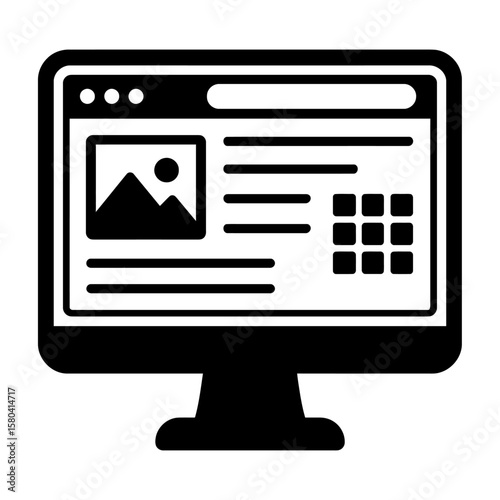 Solid Icon of a Desktop Monitor Displaying Website Content Layout