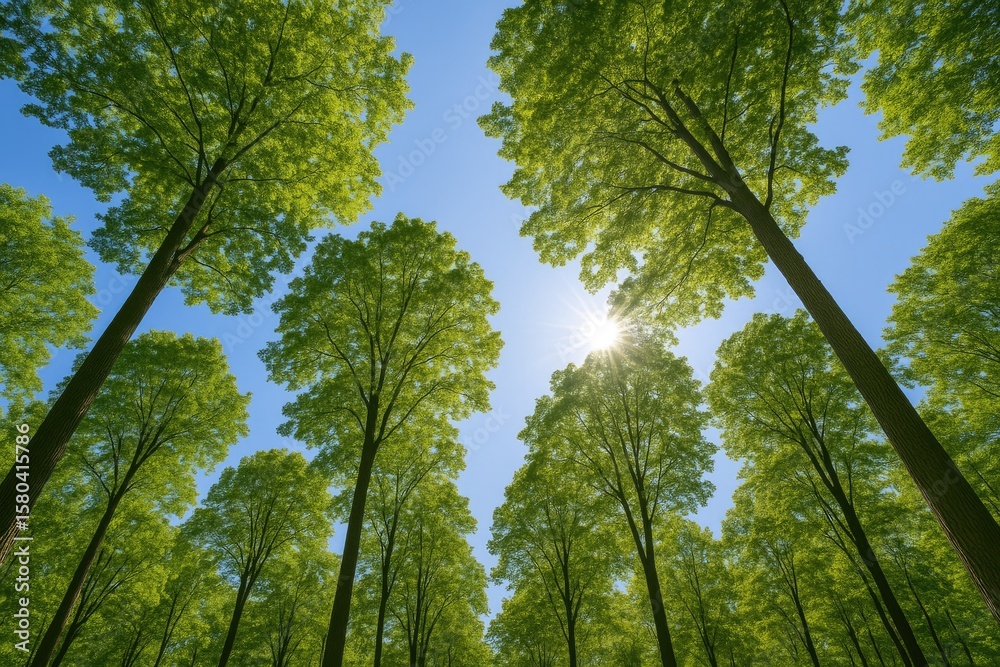 Obraz premium Sunlight filtering through towering tree branches against a bright blue sky