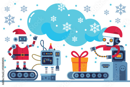 Holiday Gnome Working with Machine – Vector Illustration in Horizontal Format Showing Magical Character in Winter Setting Performing Festive Tasks with Creative Equipment and Joyful Details

