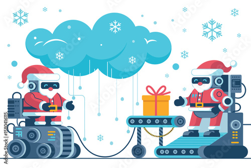 Christmas Gnome Operating Machinery – Horizontal Vector Illustration Featuring Cute Character Managing Festive Device in a Cozy Holiday Workshop with Seasonal Design Elements and Tools

