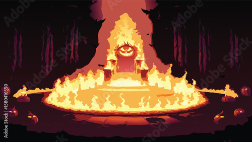 Pixelated halloween throne engulfed in flames with spooky pumpkins and dark trees in the background