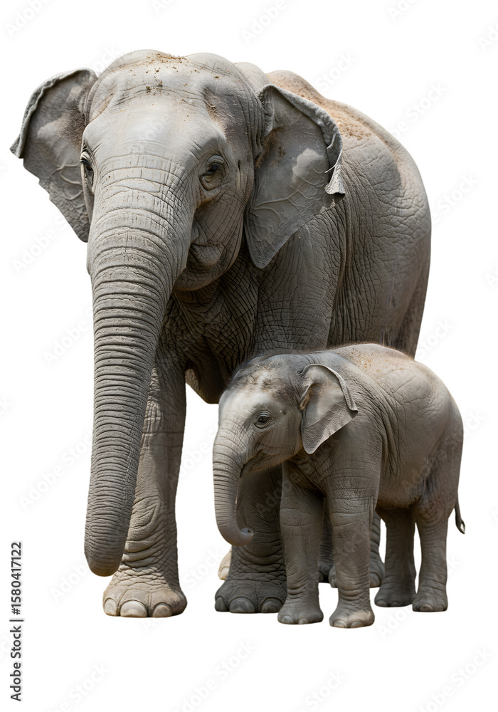 Fototapeta premium Isolated Transparent Background of Mother and Baby Elephant Together
