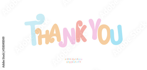 Thank You Playful pastel typography in soft rounded style. Decorative colorful lettering for cheerful messages, announcements, posters, cards, social media. Editable text layout. Vector illustration