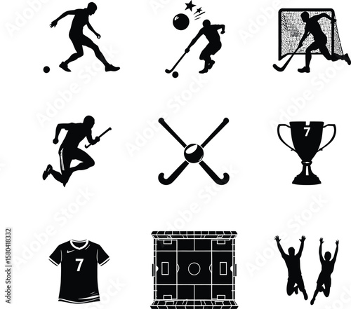 Black-and-White Vector Illustration of Field Hockey Symbol Grid – 9-Item Sports Silhouette Set