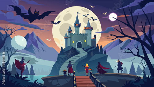 A spooky halloween castle scene with bats flying and people walking under the moonlight night sky
