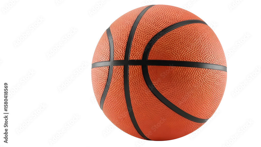 Fototapeta premium Close up view showcases an orange textured basketball with black lines on a clean white isolated background.