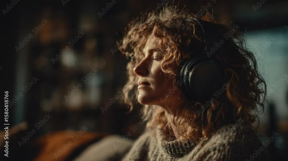 Young woman with curly hair wearing large over-ear headphones, enjoying music with eyes closed, in cozy indoor setting with soft warm lighting Young woman with curly hair wearing large over-ear headphones, enjoying music with eyes closed, in cozy indoor setting with soft warm lighting