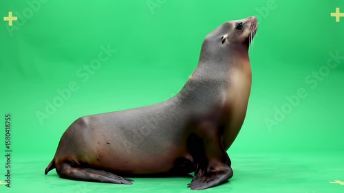 Majestic Sea Lion Posing Upright on Vibrant Green Screen Background for Easy Chroma Key Compositing and Visual Effects