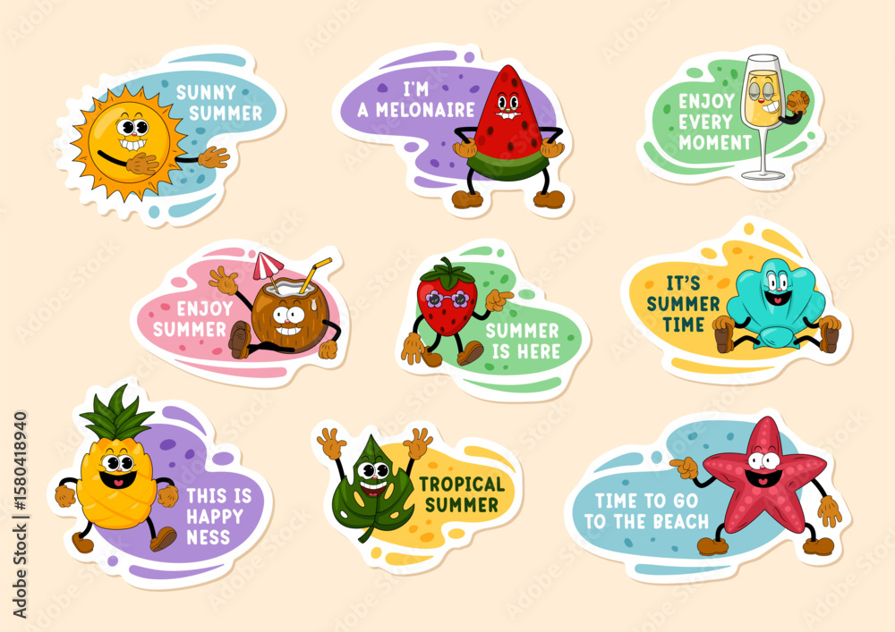 Fototapeta premium Summer Cartoon Sticker Set. Cute Comic Characters in Y2K Retro Style, Funny Doodle Patches and Labels. Trendy Vibrant Design for Summer Holidays, Travel and Beach Themed Projects