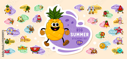 Summer Cartoon Sticker Mega Set. Cute Comic Characters in Y2K Retro Style, Funny Doodle Patches and Labels. Trendy Vibrant Design for Summer Holidays, Travel and Beach Themed Projects