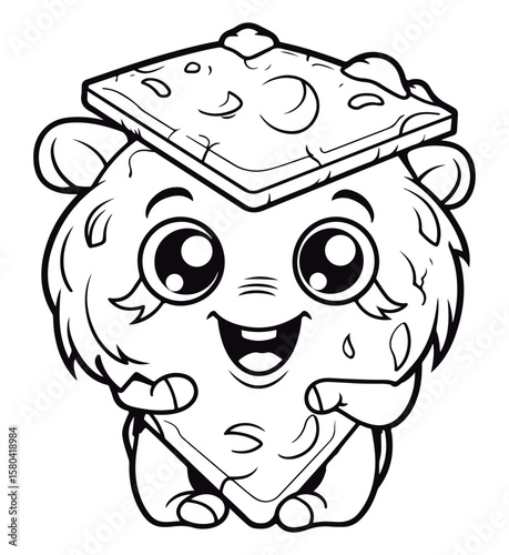 Coloring book for children slice of pizza Black and white vector illustration.