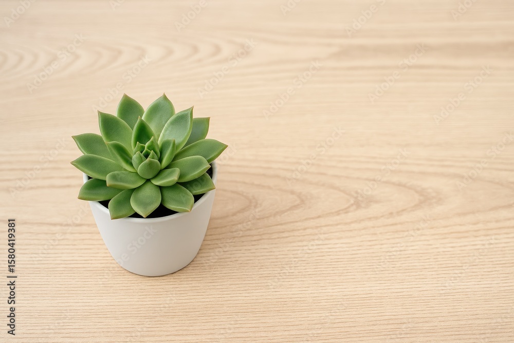 Potted succulent plant on a rustic wooden surface with ample empty space, minimalist style with focused detail Potted succulent plant on a rustic wooden surface with ample empty space, minimalist style with focused detail