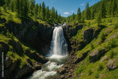 Bird's-eye perspective of a scenic waterfall surrounded by rocks, greenery, and flowing water on a bright summer afternoon
