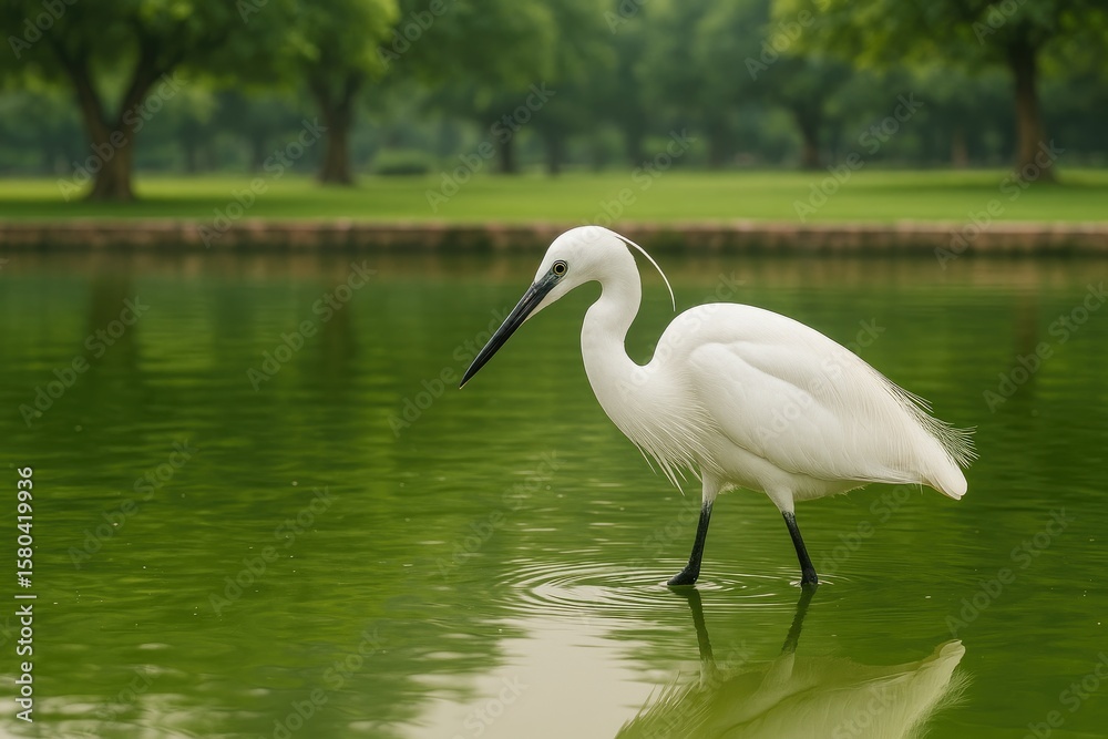 Obraz premium Small white heron hunting in urban park lake