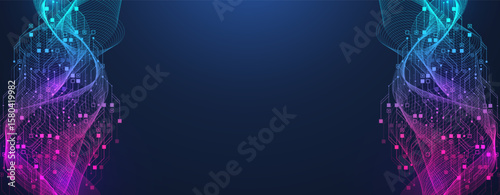 Modern technology circuit board texture background design. Quantum computer technologies concepts, large data processing. Futuristic blue circuit board background. Minimal vector motherboard