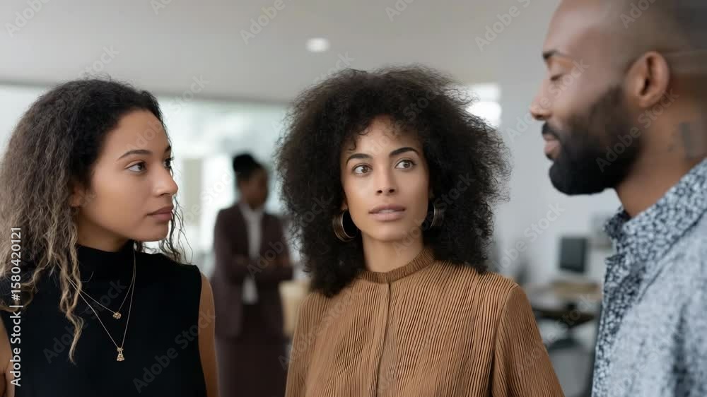 Three people are standing in a room, two of them are women and one is a man. They are all smiling and looking at each other