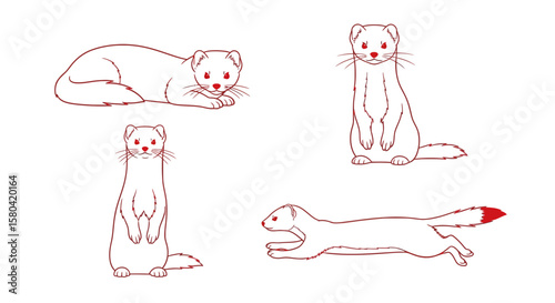Japanese weasel in various poses with simple line art style  