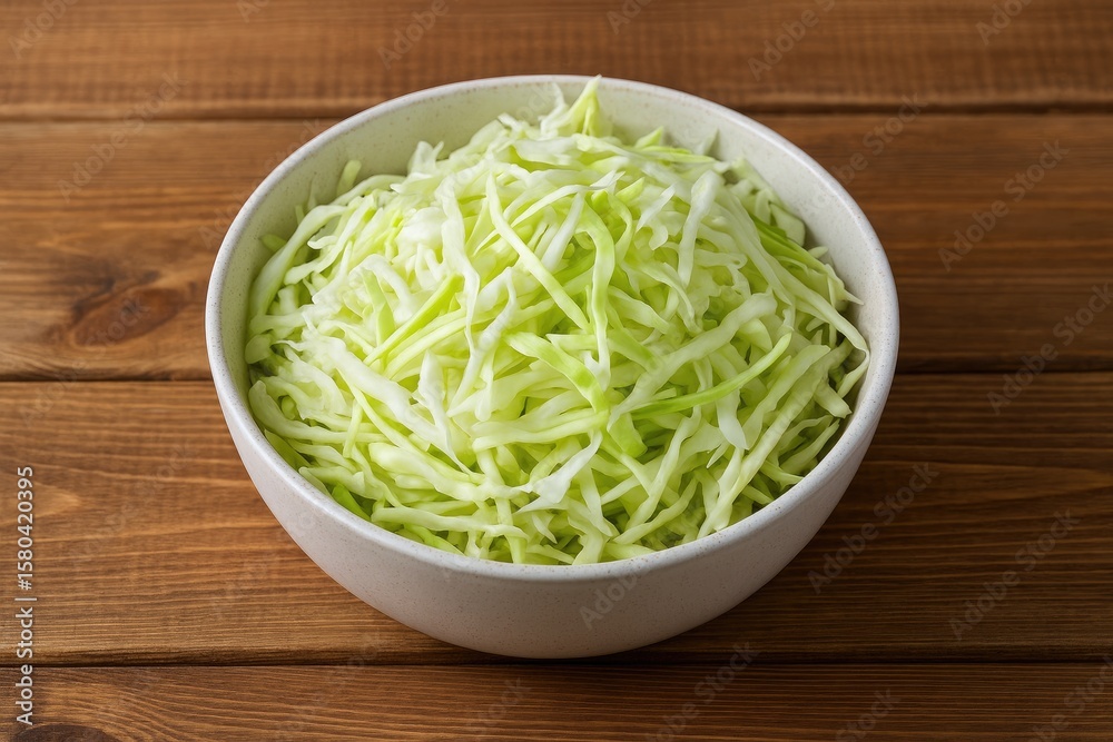 Naklejka premium Crushed cabbage mound in a bowl set on a wooden surface
