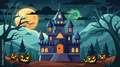 A spooky halloween scene featuring a haunted castle with pumpkins under a full moon and bare trees