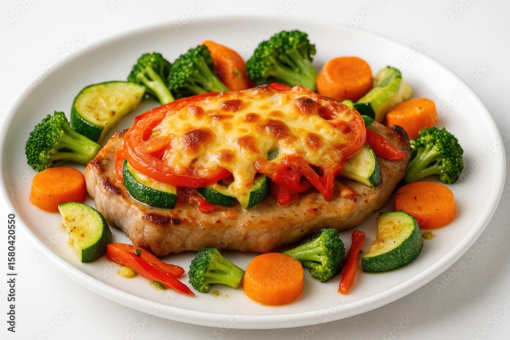 Baked pork chop with vegetables and cheese, close-up shot Baked pork chop with vegetables and cheese, close-up shot