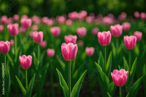 Vivid pink tulips blooming in a lush garden
