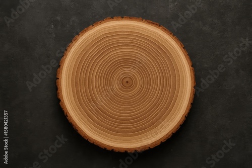 Cross-section of a wooden branch displaying growth rings against a dark concrete surface