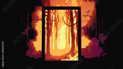 A framed view of a forest with glowing light and silhouetted bats flying in the distance at dusk