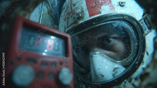 Astronaut in Deep Dive Suit Holding a Geiger Counter Underwater Close-Up