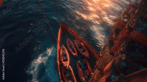 Aerial view of rescue boats hanging from a large orange ship with sunlight reflecting on the ocean surface during sunset or sunrise