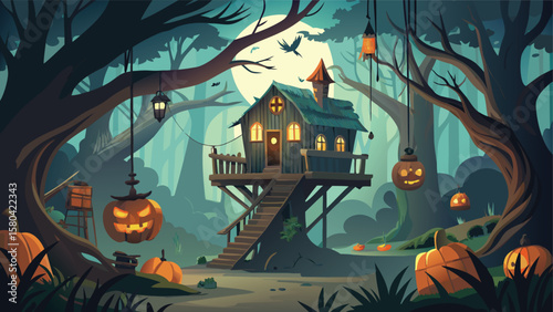 Whimsical halloween treehouse scene with pumpkins and lanterns under a full moon in a spooky forest