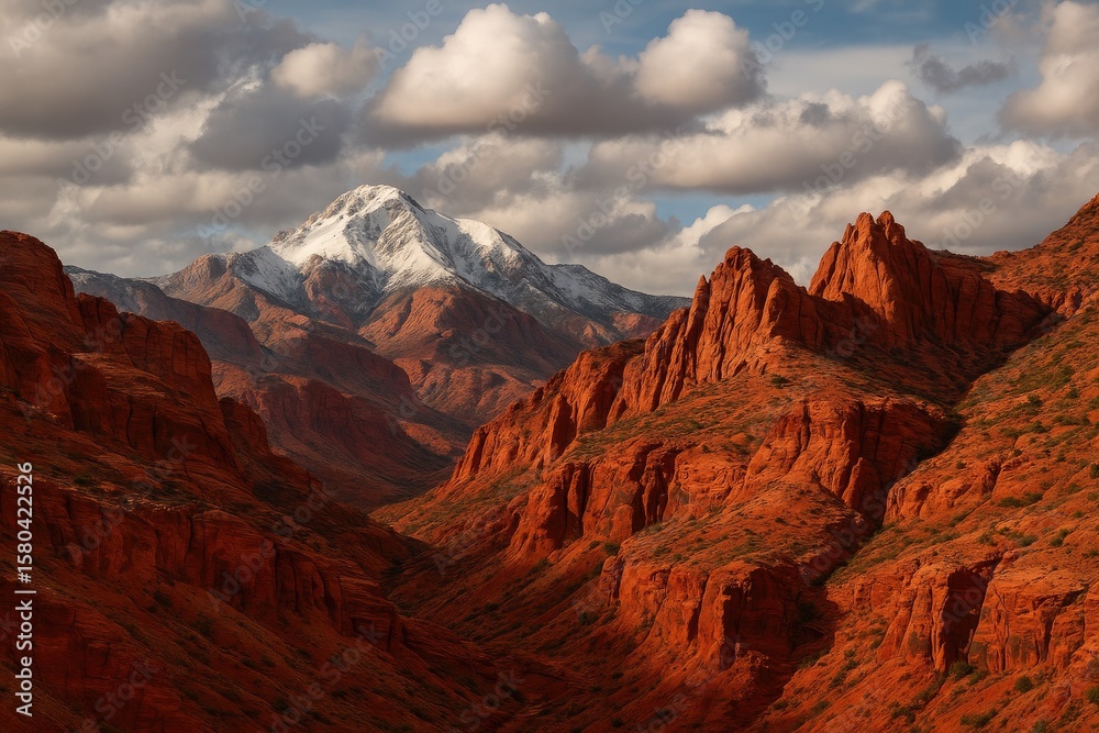 Fototapeta premium Ice-covered peak under a clear sky with crimson rocks