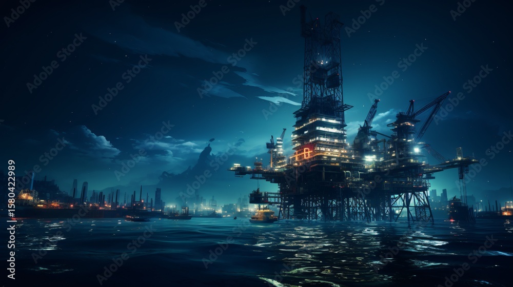 Obraz premium Night scene: offshore oil platform, Jack Up Rig amid sea