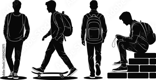 Teenager silhouette vector set of boys with backpack in walking, skateboarding, standing, and sitting poses