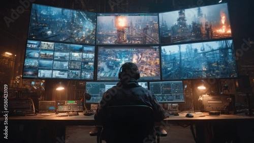 Futuristic control room with multiple large screens displaying industrial scenes and digital interfaces, a person working on computer monitors in a