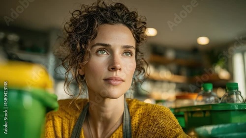 Close-up of a young woman with curly brunette hair and blue eyes smiling softly in a cozy kitchen environment with natural light