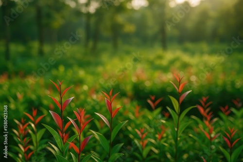 Morning sunlight enhances the beauty of red shoots with a softer focus