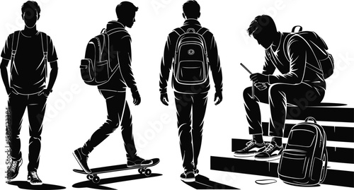 Teenager silhouette vector set of boys with backpack in walking, skateboarding, and sitting on step poses