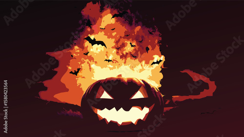 A glowing jack o lantern with bats flying in front of a fiery orange and red background scene view