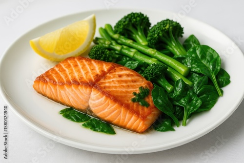 Grilled salmon accompanied by fresh green vegetables